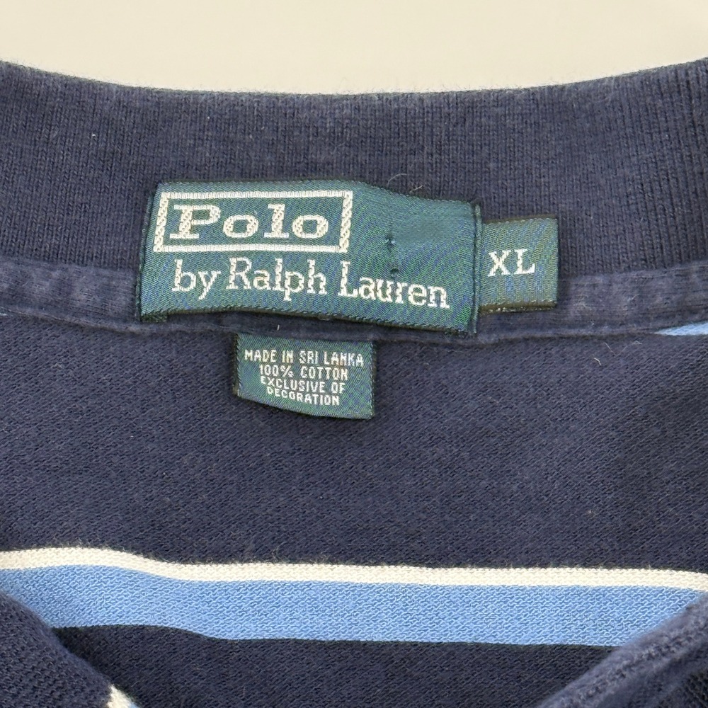 Polo Ralph Lauren Polo‎ Shirt Mens XL Navy Blue Striped Orange Pony Cotton Pique - Picture 4 of 7
